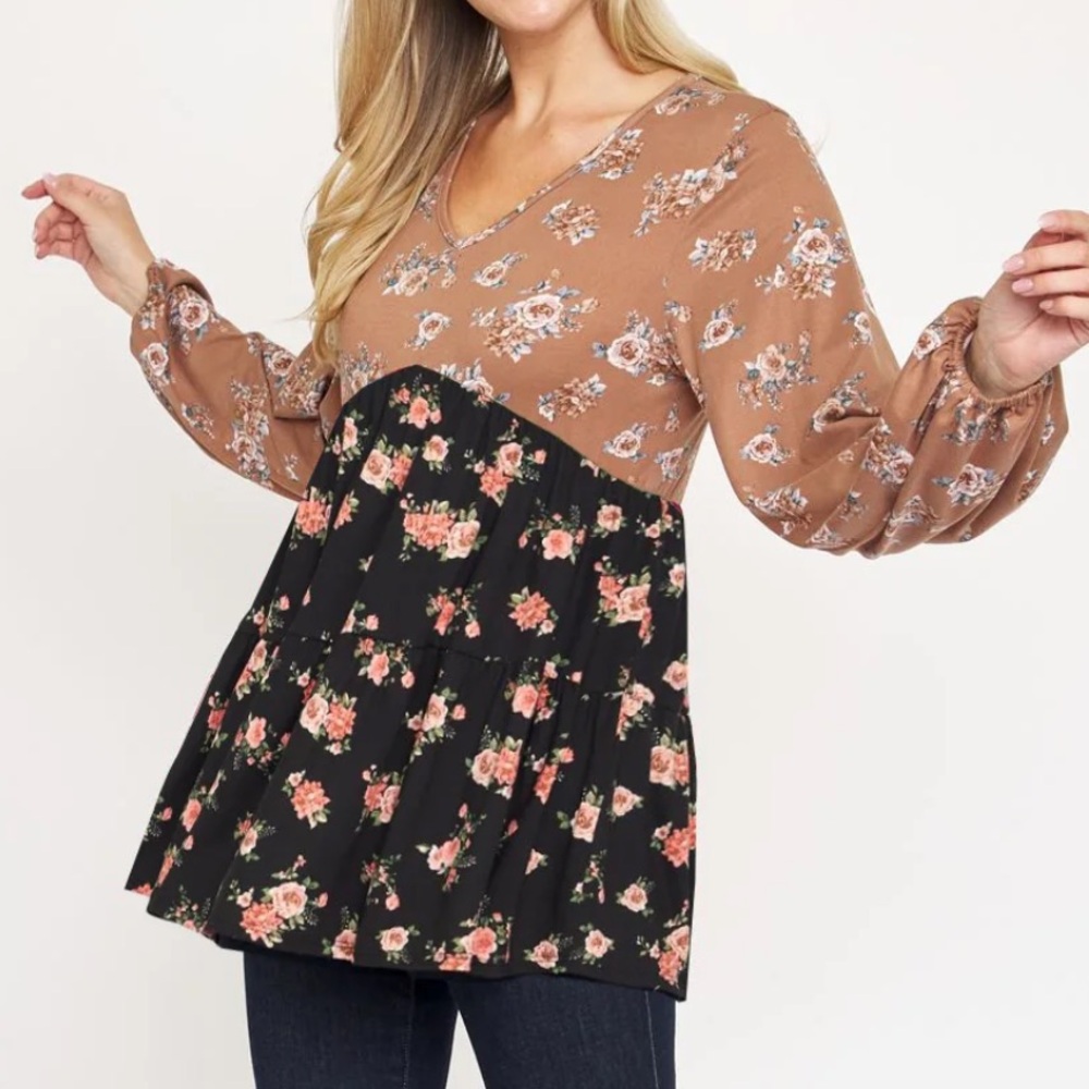 Eloges Mocha Black Vintage Bouquet Floral Babydoll Top large